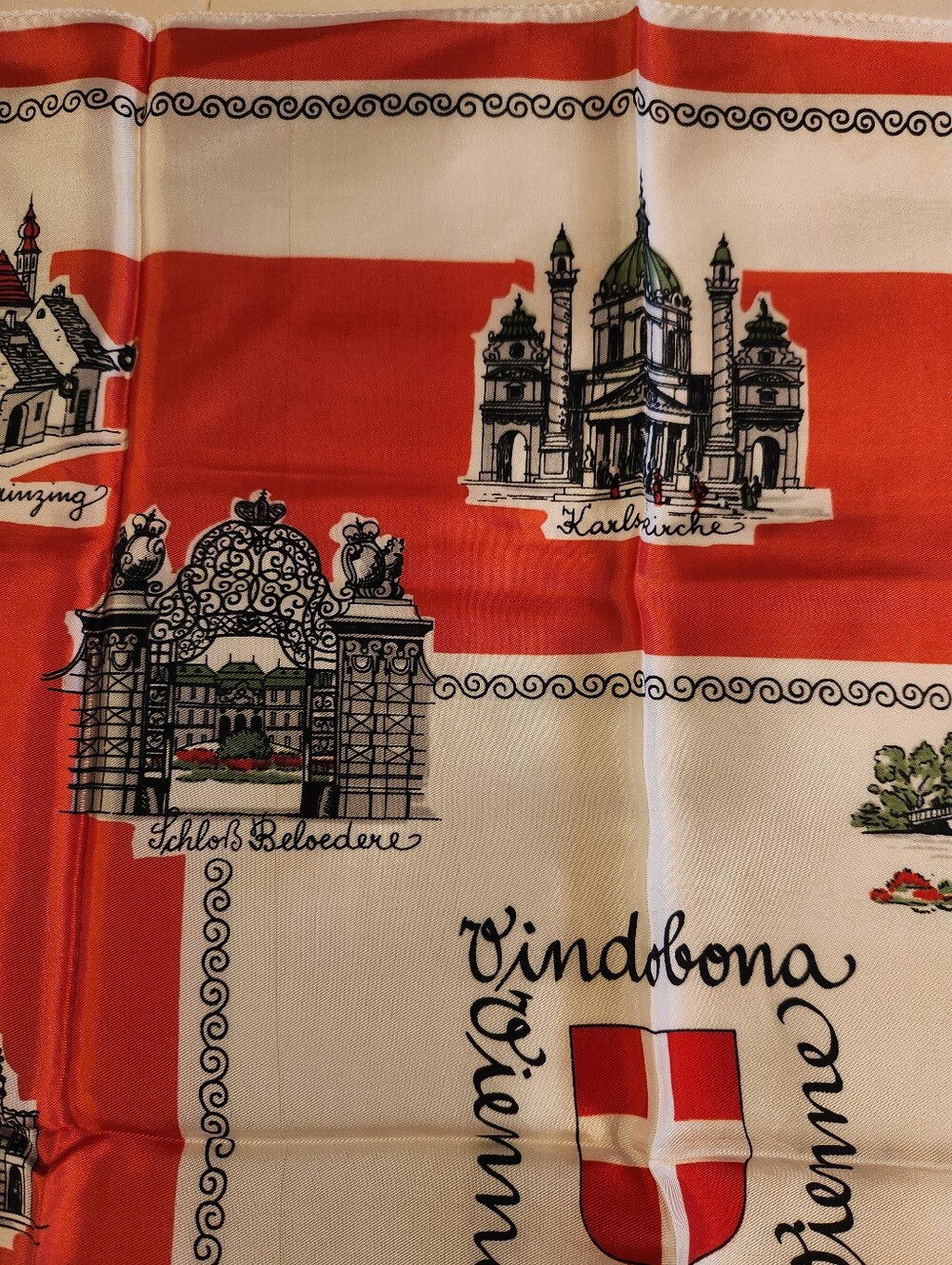 Vintage Vienna Wein Scarf, Souvenir Landmarks, Austria, Travel, Red Black White - Picture 4 of 9